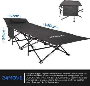 Розкладне ліжко 24MOVE® для кемпінгу та відпочинку на природі, 190 x 67 x 34 см, чорне