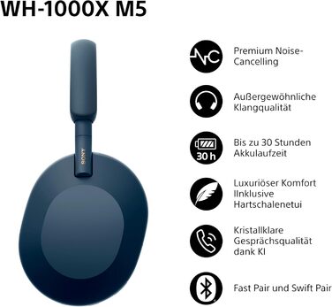 Навушники Sony WH-1000XM5 Bluetooth чорного кольору з шумозаглушенням та кейсом. Hi-Res Audio, до 30 год роботи, для iOS/Android