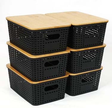 UHAPEER Storage Box with Bamboo Lid, 6 Pack Storage Basket, Plastic Basket Storage, Kitchen Organizer White, Stackable Storage Boxes, Box with Lid 25.6 x 18 x 10.7 cm (Black)