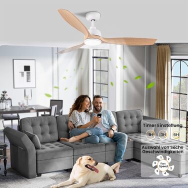 Стеляний вентилятор CJOY з підсвічуванням, 107 см, з пультом керування, DC, безшумний, з функцією зміни напрямку обертання, пам'ять 3CCT, регульована яскравість, 6 швидкостей, таймер для спальні (132 см, біле дерево)