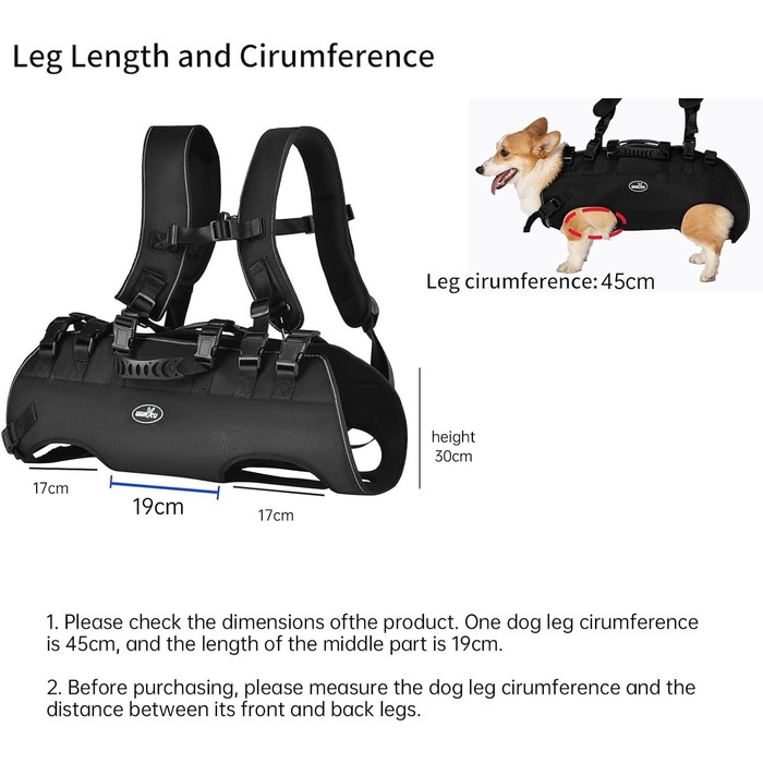 Сумка-переноска для собак великих порід Wakytu: переноска-рюкзак для собак з проблемами суглобів, травмами, літніх собак. Макс. вага 30-40 кг (3XL, чорний)