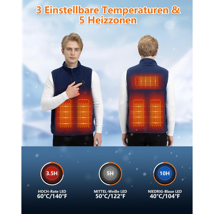 Обогрівальна жилетка з флісу для чоловіків з акумулятором 5V 10000mAh - жилетка для чоловіків з 3 рівнями нагріву, 5 зонами обігріву, ідеальна для роботи на відкритому повітрі, катання на лижах, піших прогулянок та щоденних поїздок (M, Морська синя)