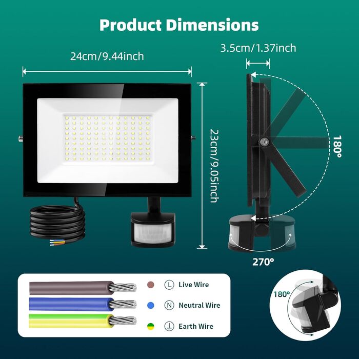 Viugreum 2Pack LED Flood Lights Outdoor with Motion Sensor 15000LM Outdoor Light Cold White Spotlight with Remote Control Floodlight Outdoor Spotlight IP67 Waterproof Floodlight with 2 Screws for Garden (100w, 1PCS)
