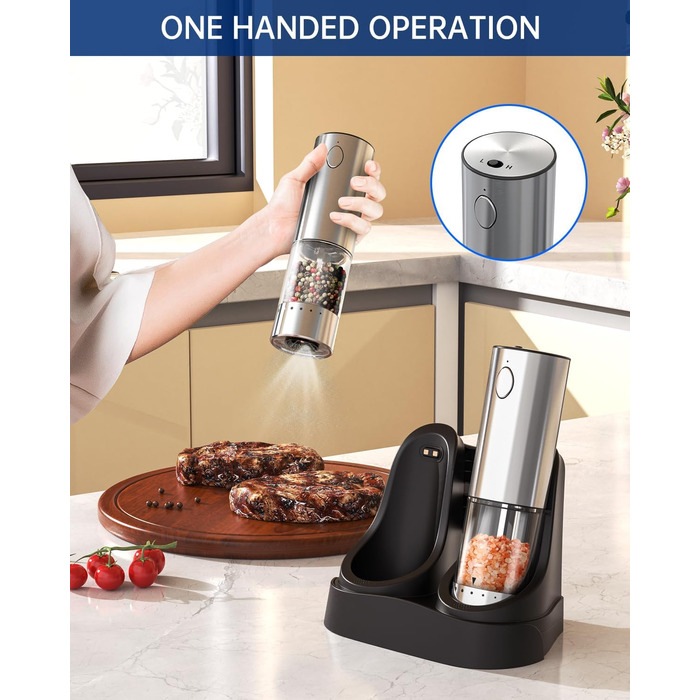 Електричні соляні та перечні млини CIRCLE JOY з нержавіючої сталі з підставкою, 95 мл, біле LED-підсвічування, регульована ступінь помелу, срібні