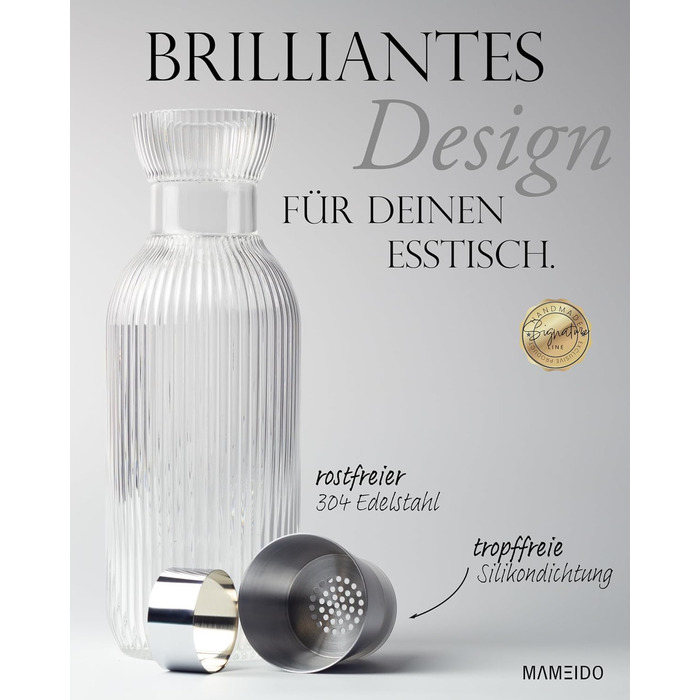 1.5L & 1L Water Carafe - Glass Carafe with Lid & Strainer, Hand-Blown Glass Carafe, Water Jug with Elegant Appearance for Special Occasions, Carafes for Gifting (Crystal Silver, 1500ml)
