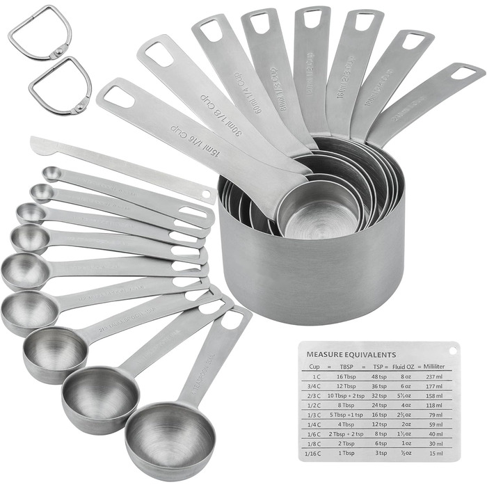Measuring Cup and Spoon Set, 18/8 Stainless Steel - 8 Measuring Cups and 9 Measuring Spoons with Leveler and Measuring Equivalents, Kitchen and Baking Measuring Cups and Spoons 19-Piece Set