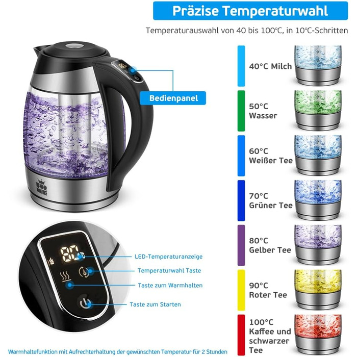 Електричний чайник FOR ME Glas з ситом, 1.8L, регулювання температури 40-100°C, 7 кольорів LED, підтримання тепла, без BPA