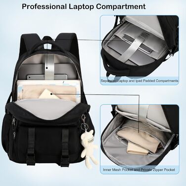 Чорний рюкзак для підлітка, дівчини, студентки: великий, 39.6 см (15.6 дюймів), антикрадійний, для школи, університету