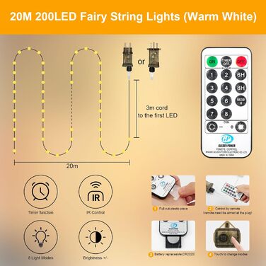 LED гірлянда світлодіодна 23м, 200 LED, струмова, водонепроникна, таймер, 8 режимів, для декору приміщень та вулиці, на Різдво, Великдень, вечірку, Кімнатна гірлянда, Кількість: 1 шт, Колір: Холодне біле світло