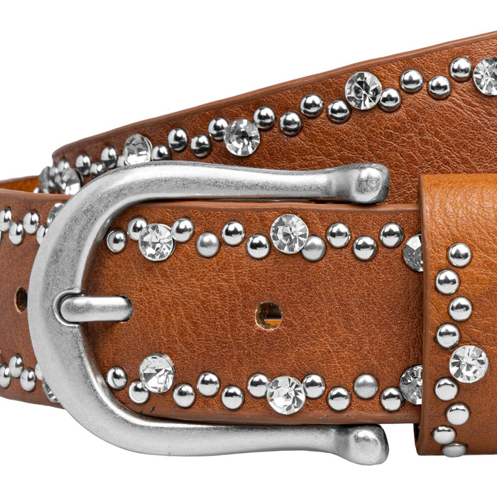 Жіночий ремінь Caspar GU292 з декором стрази та заклепки, колір коньяк, розмір 107-111 см