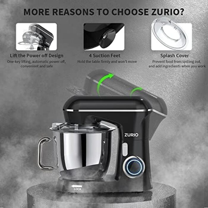 Stand Mixer, 1300W Zurio 5.5L Stand Mixer, 10-Speed Robot Mixer with Quiet Kneading Function, Includes Accessories: Dough Hook, Whisk, Black Mixer