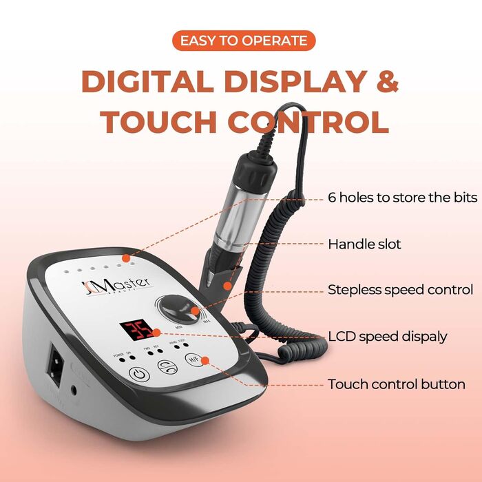 Nagelfräser JCMaster Profi: Електрична шліфувальна машинка для нігтів з педаллю, 35000 об/хв, 6 біт, чорна