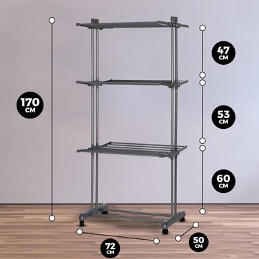 Воніа - багаторівнева сушилка для білизни на колесах, білий металевий стійка, 3 яруси, 6 відкидних крил, 72 x 50 x 172 см, економна, мобільна та стабільна для внутрішнього та зовнішнього використання