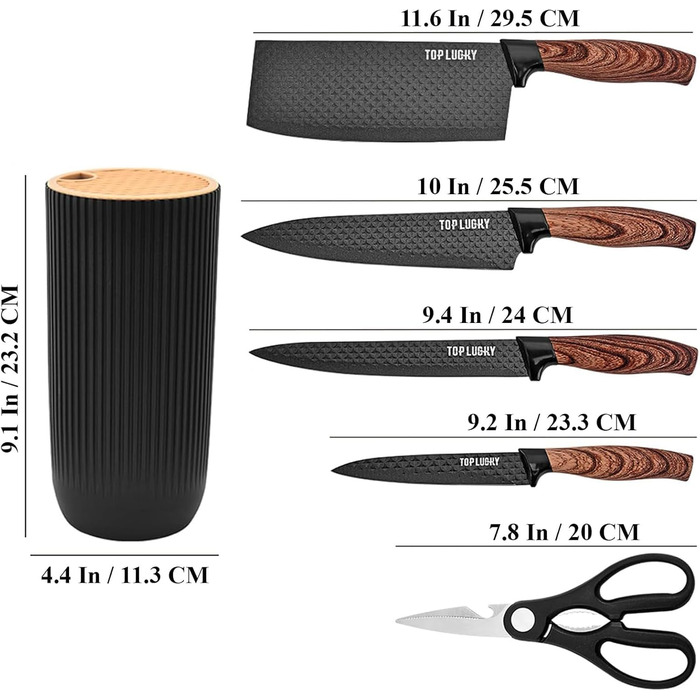 Набір кухонних ножів, 6 предметів, чорний, гострий, з антипригарним покриттям, нержавіюча сталь, з підставкою для ножів (чорний)