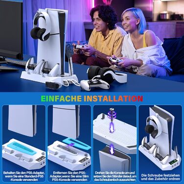 Підставка для PS5 Slim/Pro з зарядною станцією для контролера PlayStation 5 (Disc/Digital), аксесуари PS5 з RGB підсвіткою, вентилятором, тримачем для навушників, USB хабом, чорно-білий (Perlweiß Q311)