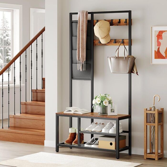 HOOBRO Coat Rack, Wardrobe, Clothes Rack with 6 Pockets and 9 Hooks, Shoe Shelf with Seating, Bench, Ample Storage Space, for Entryway, Living Room, Vintage Brown-Black EBF24MT01