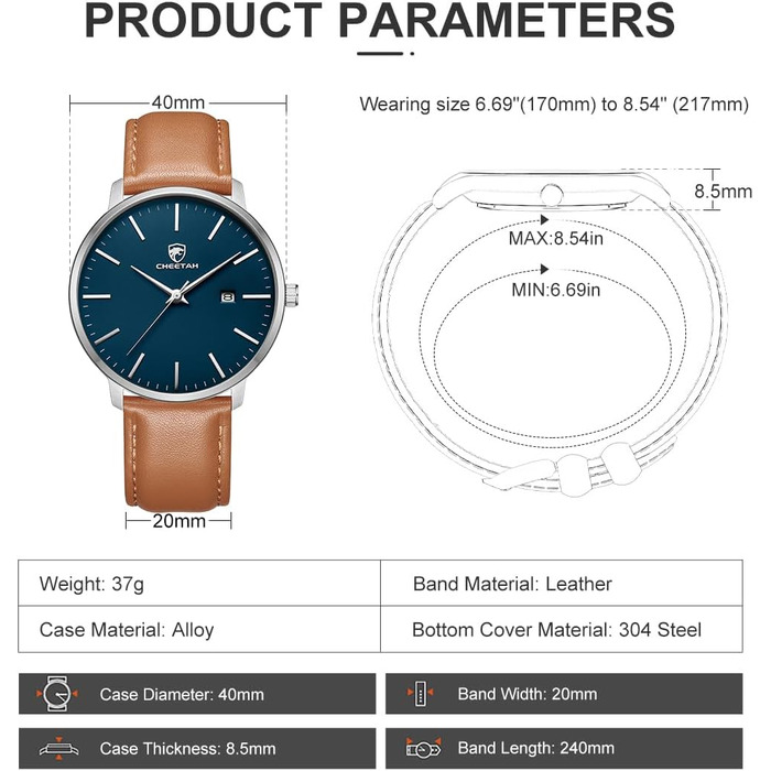 Чоловічий годинник CHEETAH: аналоговий кварцовий годинник з датою, водостійкий (3 ATM), з шкіряним ремінцем, спортивний стиль, для молоді (сріблясто-блакитний, коричневий)