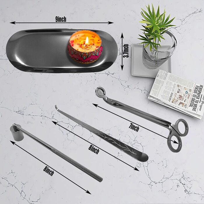 YOUTUOY 4-in-1 Candle Accessory Set with Tray, Wick Trimmer, Wick Snuffer, Storage Tray, ideal for scented candle lovers (Black Silver 4-in-1)