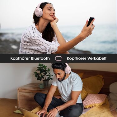 Бездротові навушники DOQAUS Bluetooth з тривалим часом роботи (70 год), Over-Ear, Bluetooth 5.4, Hi-Fi стерео, 3 режими EQ, для подорожей/телефону/ПК (Рожеві)