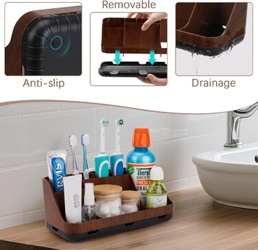 Тримач для зубних щіток у ванну кімнату: органайзер для електричних щіток та пасти, 7 відділень, дерев'яний (колір коричневого дерева)