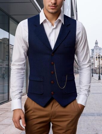 Чоловічий жилет твідовий ретро смокінг Slim Fit AIEEOE з кишенями, темно-синій, XL