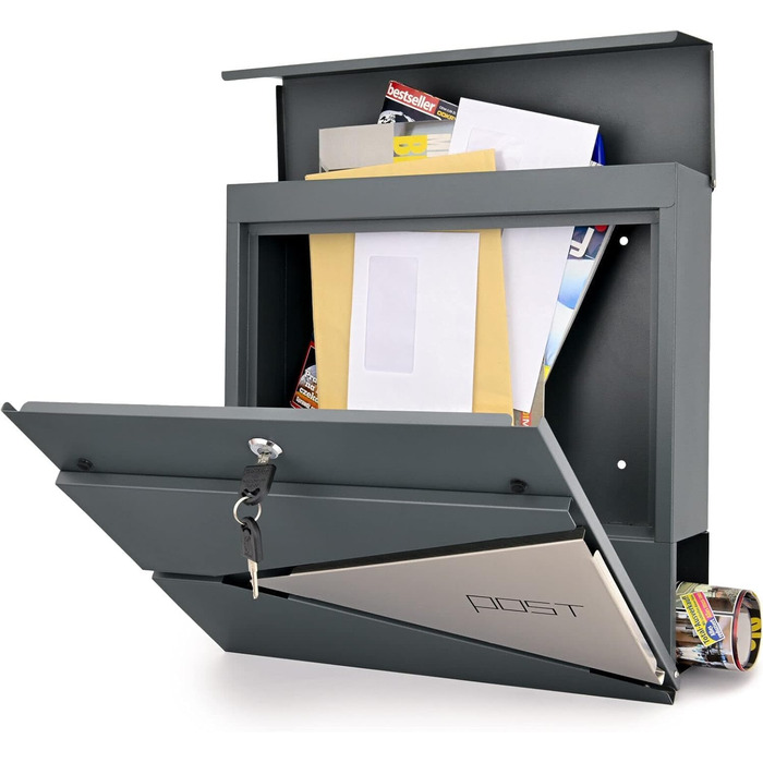 Поштовий ящик Verda з газетницею, нержавіюча сталь, антрацит, 2 ключі - дизайнерський настінний поштовий ящик з прихованим замком