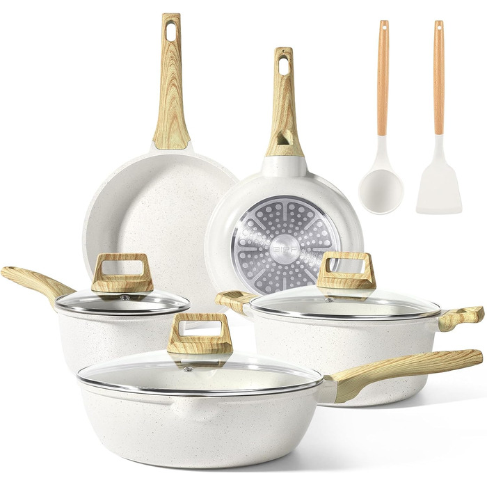 Набір посуду GiPP 10 предметів: каструлі та сковороди з гранітним покриттям, білий. Підходить для всіх типів плит, включаючи індукційні. У комплекті лопатка та ложка.