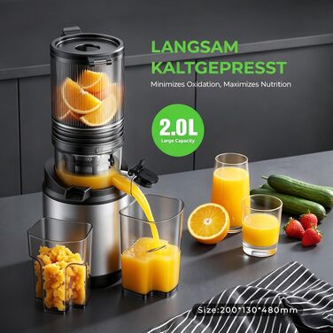 Електрична соковижималка для овочів та фруктів Slow Juicer, шнекова соковижималка для смузі та сорбету, широкий завантажувач 130 мм, 250 Вт, тиха, легка в очищенні, Titanium Gray