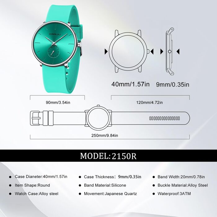 Годинник чоловічий CRRJU з силіконовим ремінцем, ультратонкий, водонепроникний, мінімалістичний, спортивний, кварцовий, світло-зелений