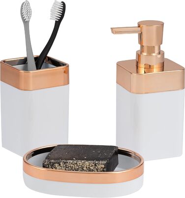 Набір для ванної кімнати Bremermann Savona 3-TLG, пластик, білий-рожезолотий: мильниця, дозатор мила, стакан