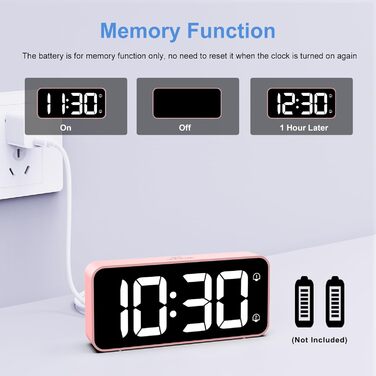 LED-годинник LATEC з двома будильниками, USB-порт для зарядки, регулювання яскравості, гучність 90-120 дБ, 8 мелодій, 12/24 год, мережевий (рожевий)