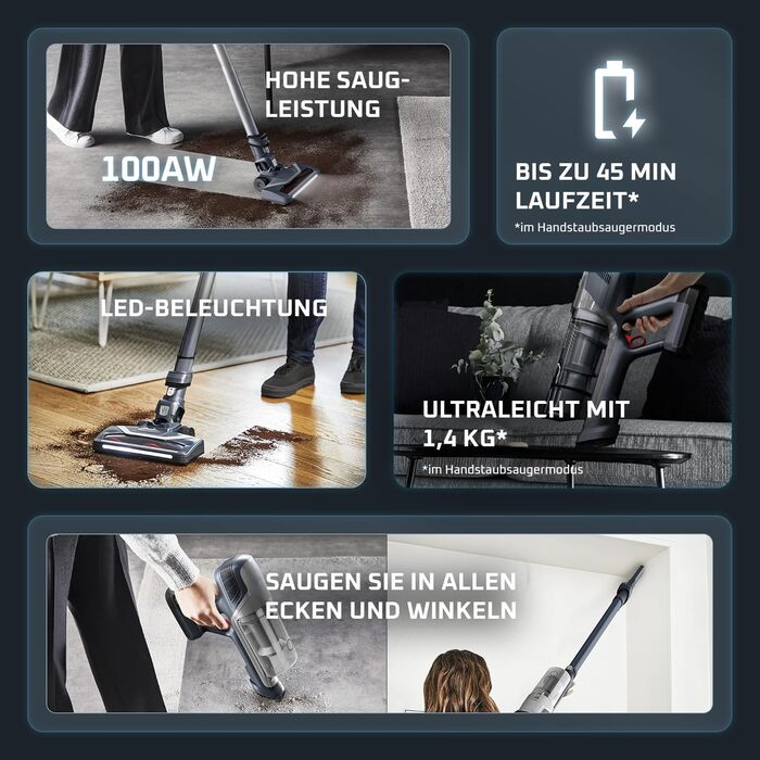 Бездротовий пилосос Rowenta X-Pert 6.60: акумуляторний, 100W, 45 хв роботи, без мішка, LED-насадка, легкий, 0,55 л, насадка для щілин, кріплення, чорний, RH6831EO (сірий/срібний)