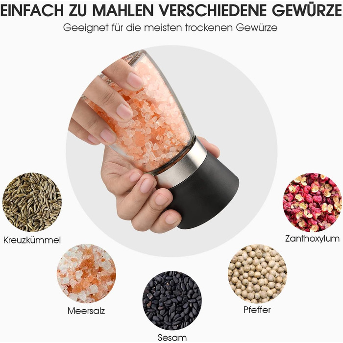 Набір мельниць для солі та перцю Salzmühle & Pfeffermühle з регульованим керамічним жорном, скляний набір для перцю, також підходить для чилі та різних спецій (PG180 10шт)