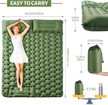 Isomatte Self-Inflating Camping Mat for 2 People - Thick & Extended Sleeping Pad with Air Pump - Lightweight Travel Mat for Camping, Hiking, Beach