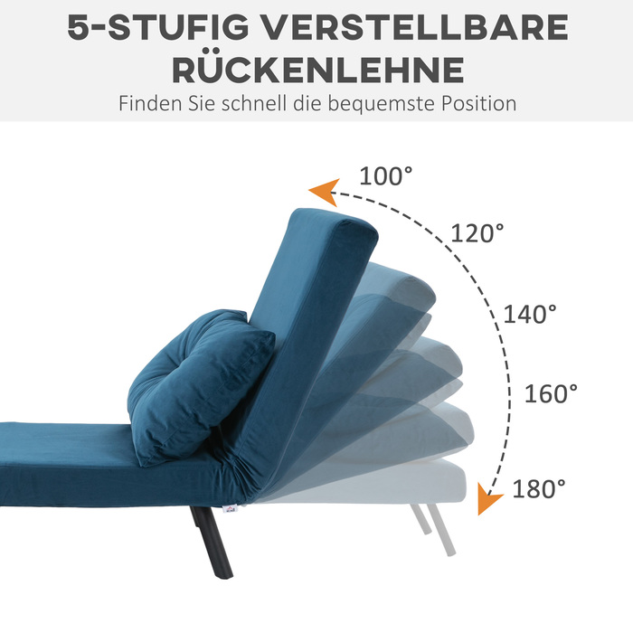 HOMCOM Sleeper Sofa Recliner Bed Function Guest Bed Velvet Backrest Cushion Adjustable Backrest Blue 63x73x81cm | Aosom