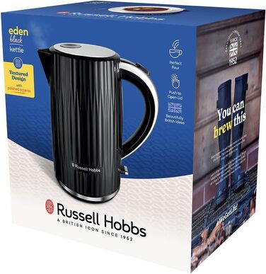 Russell Hobbs Kettle [1.7L 2400W] Eden White, Stainless Steel Accents (Removable Scale Filter, Push-Button Lid Opening, Water Level Indicator, Illuminated Switch, BPA Free) Teapot 27360-70 (Black)