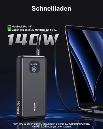 Power Bank 140W, 25000mAh з дисплеєм для ноутбука, MacBook, iPad, iPhone, Switch, Dell XPS (Сірий)