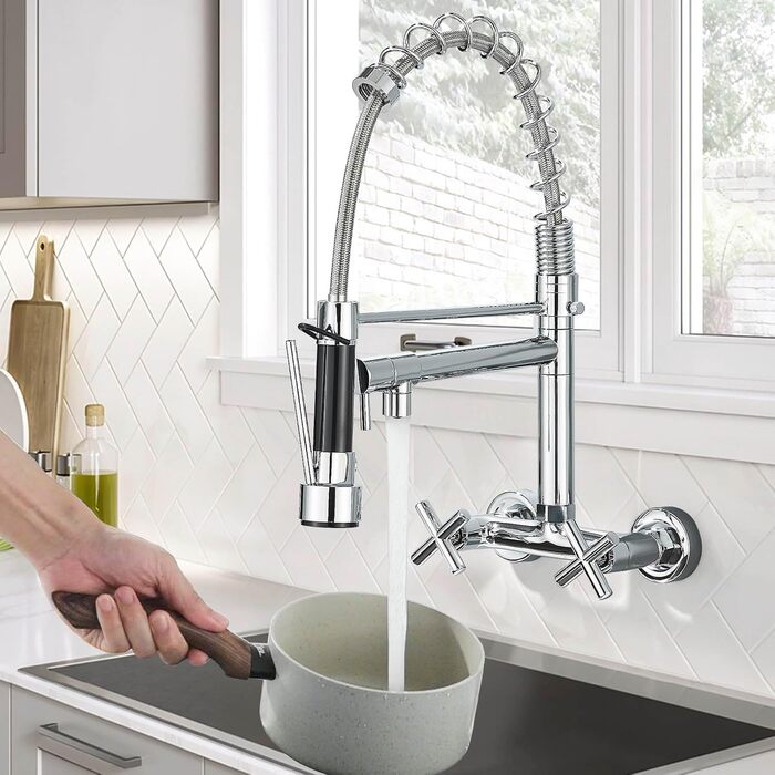 Кухонний змішувач з поворотним виливом 360°, з двома виходами, високий вигин, спіральна пружина, для мийки, брашований нікель (хром)