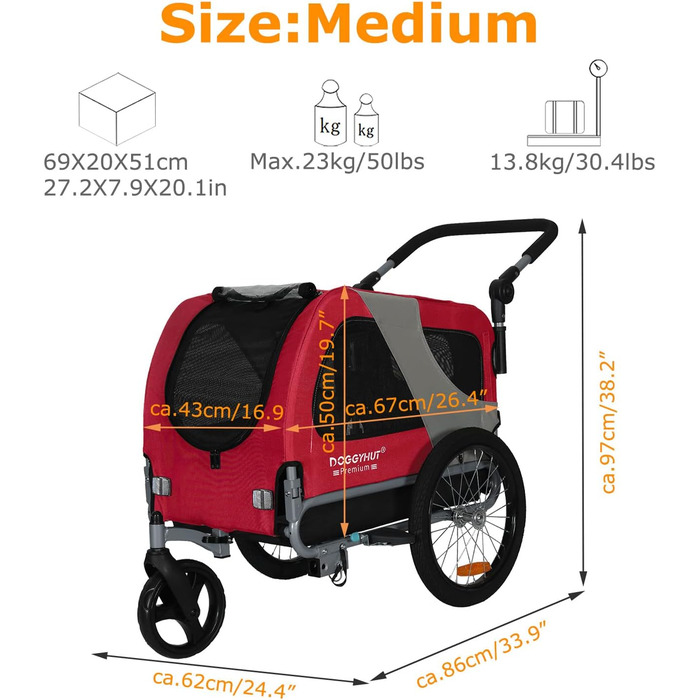 DOGGYHUT® Преміум візок для собак 2-в-1: візок-бугель для собак до 23 кг (червоний)