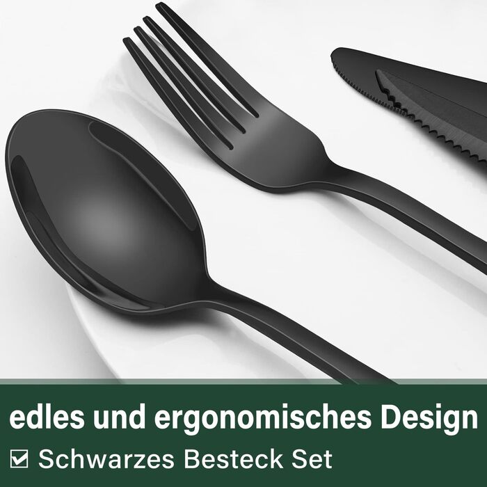 Cutlery Set 6 Persons Black, 36-Piece Stainless Steel Cutlery Set with Steak Knives, Dining Cutlery Set with Knife Fork Spoon, Elegant Tableware for Restaurant/Party, Dishwasher Safe