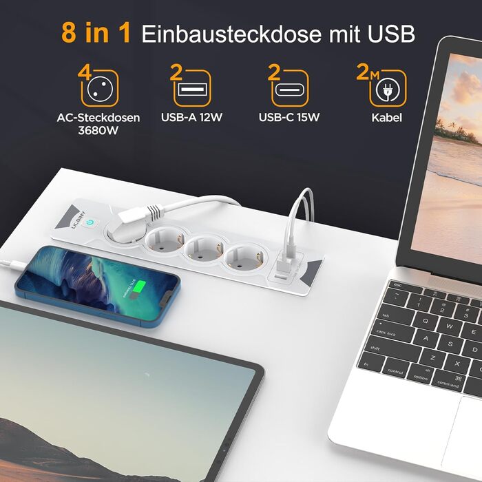 Вбудована розетка з 2 USB-C та 4 розетками, 3680W, 16A, білий кабель 2м. Розподільник розеток для конференц-столу, дивану