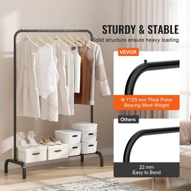 VEVOR Clothes Rack Wardrobe Rack 1 Clothes Rod, Durable Clothes Rack Black 400 x 1010 x 1510 mm Clothes Rack for Bedroom, Laundry Room, Dressing Room, Entrance, etc.