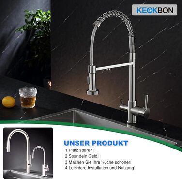 Кухонний змішувач 3 в 1 з поворотним гусаком 360° та двома режимами (з душем), з нержавіючої сталі та латуні, для фільтрації води, з двома ручками