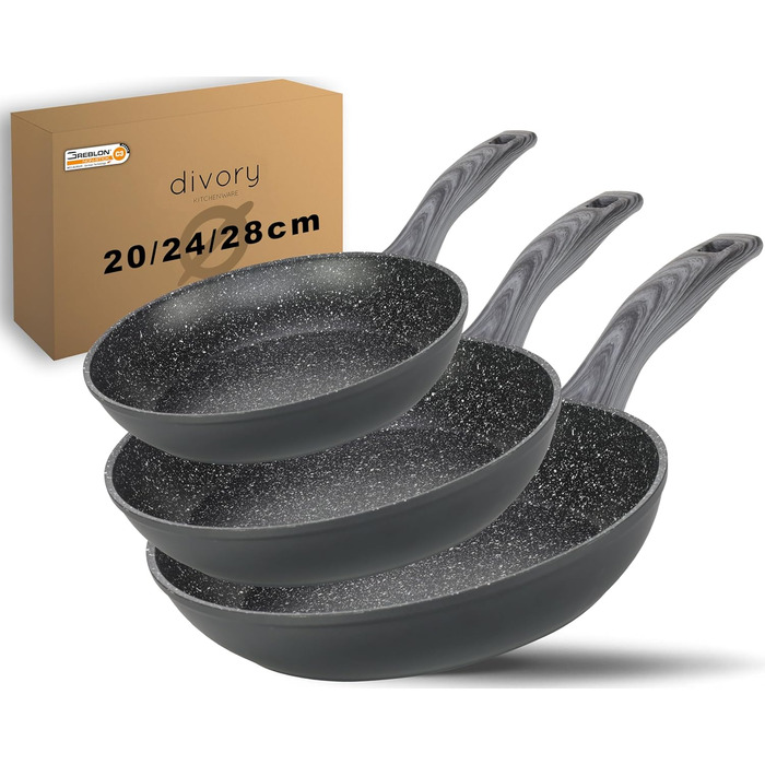 Набір сковорідок DIVORY 3 шт. (20, 24, 28 см) з антипригарним покриттям для всіх плит, включаючи індукційні. Безпечні ручки, придатні для миття в посудомийній машині. Ручки з імітацією сірого дерева.