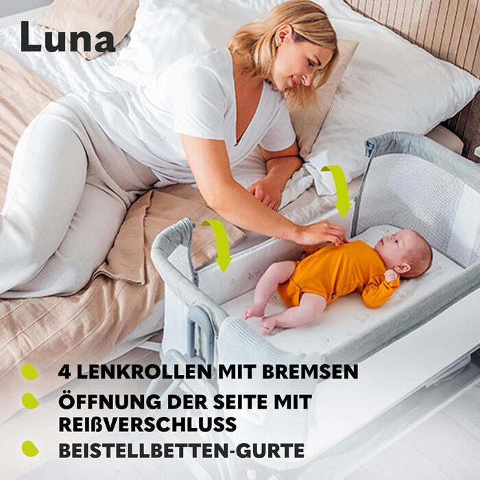 Lionelo Luna Portable Crib with Mattress, Travel Bed, from Newborn to 9 kg, Adjustable in Height and Tilt, 4 Wheels with Brakes, Attachment for Parent's Bed (Gray)