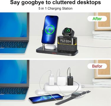 5-в-1 Бездротова зарядна станція з годинником та нічником для iPhone 17/16/15/14/13/12 Pro Max, Apple Watch, AirPods - 33W адаптер, білий