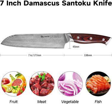 Кухонний ніж Damast Profi - ніж Santoku з дамаської сталі (67 шарів), ручка Pakkawood, подарункова коробка - професійний ніж для кухні 7 дюймів