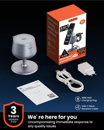 Бездротова зарядна станція 3-в-1 GEEKERA Qi2.2 25W для Apple: MagSafe швидкий заряд для iPhone 17/16/12, Apple Watch та AirPods, адаптер GaN 45W, срібляста