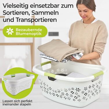 Premium laundry basket 50 L with ergonomic shape, soft-touch handles, breathable design, and decorative floral pattern (white/mint green)