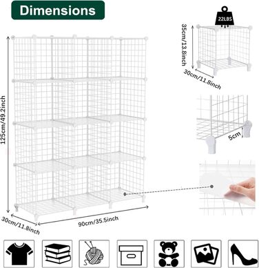 AWTATOS Regal 12 Regal Wire Cube Stackable Shelf Cube DIY Metal Grid Shelf Cube Bookshelf Cube Shelf With Doors For Living Room, Bedroom, Bathroom USCIH12BE (Large, White)